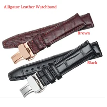 Promotion Alligator Leather Watchband 20mm 21mm 22mm straps Black Brown with stainless steel butterfly buckle silver solid link