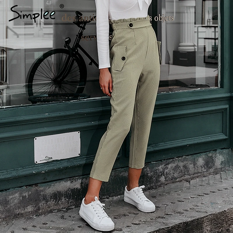 

Simplee Plaid work pants women Ruffle high waist zipper harem pants capris female Vintage button ladies autumn trousers 2019