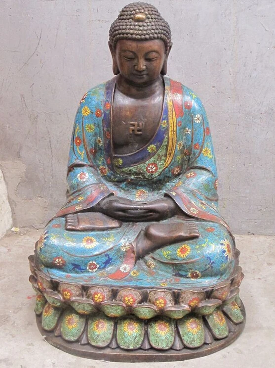 

bi003555 24"Tibet Cloisonne red bronze buddha Lotus altar Sakyamuni Amitabha Shakyamuni