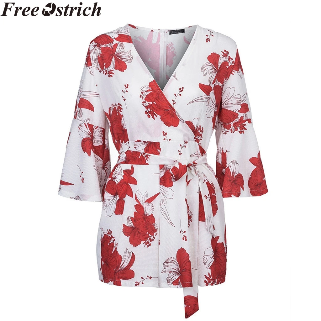 Women's Summer Belt Jumpsuit Short Sleeve Loose Flower Print High Waist Plus Size Ladies Casual V neck Rompers|Комбинезоны c