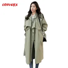 Корейский стиль, весенний длинный Женский Тренч, повседневный пояс, шаль, пальто, тонкое однобортное, армейское, зеленое пальто, ODFVEBX