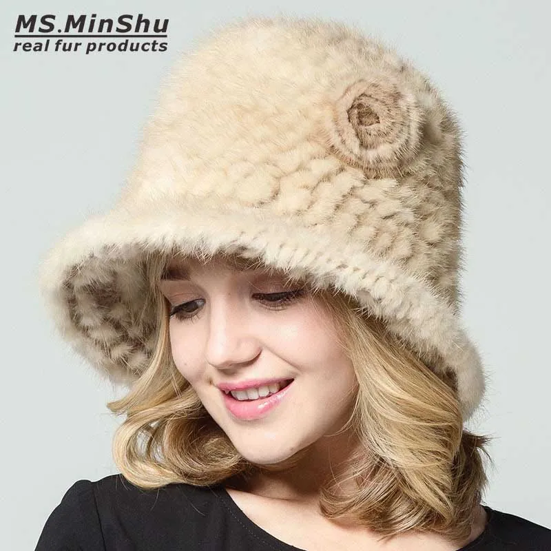 Skup Ms. MinShu prawdziwe futro z norek kapelusz ręcznie dzianiny 100% prawdziwe czapka z futra norki zima ciepła czapka moda damska czapka kobiety kapelusz
