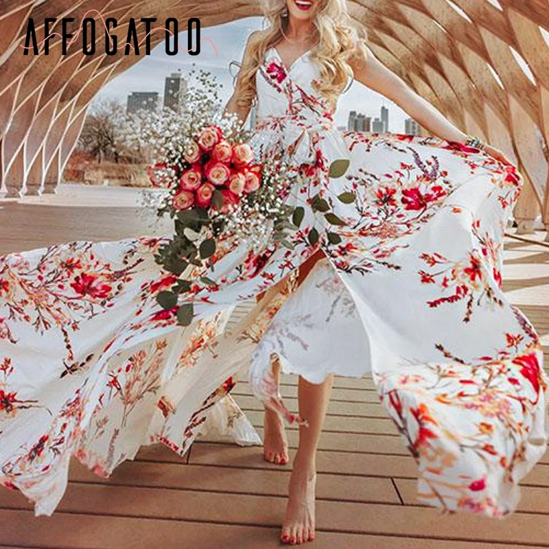 

Affogatoo Floral print women summer dress 2019 V neck high waist sash long dress casual Sleeveless split sexy boho dress vestido