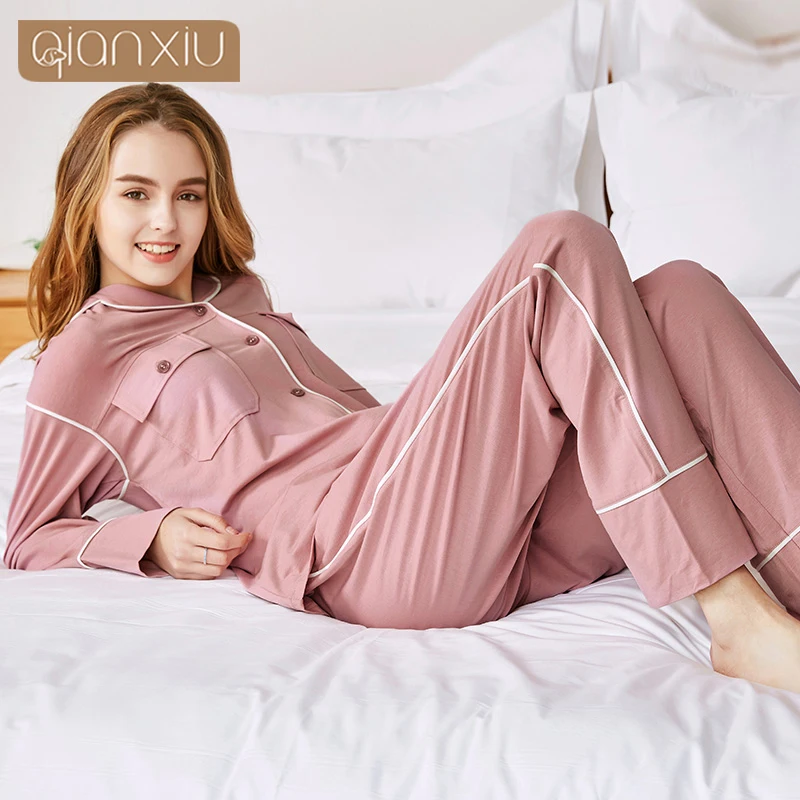 Apring winter sleepwear Fashion Pink color Homedress Knitted Modal Cotton Pyjama women pajamas