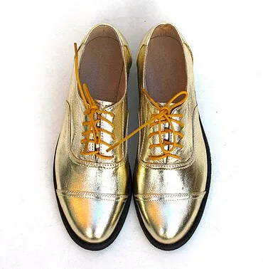 Женские туфли-оксфорды высшего качества из натуральной кожи цвет золотой серебряный повседневные женские туфли в британском стиле на плоской подошве сезон весна-осень