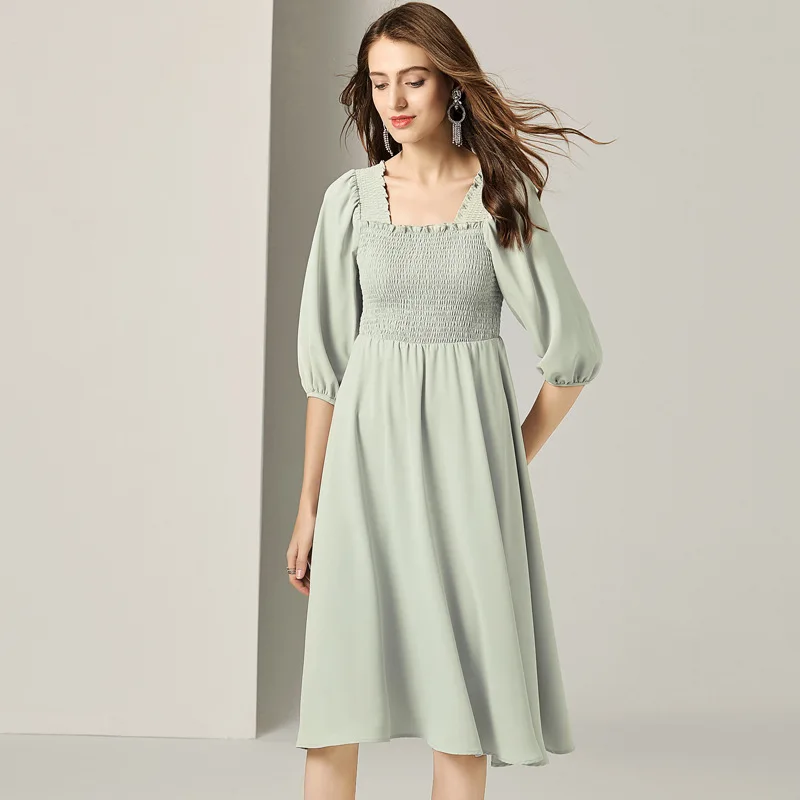 

Solid Elastic Bust And Waist Square Neck Lartern Sleeve Party Dress 2019 New Women Summer Office Lady Work A-Line Dress