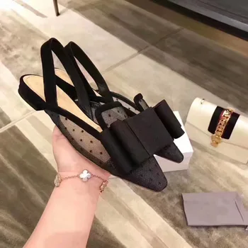 Kmeioo Classic Black Shoes Women Back Strap Sandals Pointed Toe Flats Butterfly-knot Mule Shoes Polka Dot Office Shoe For W knot side polka dot peplum top