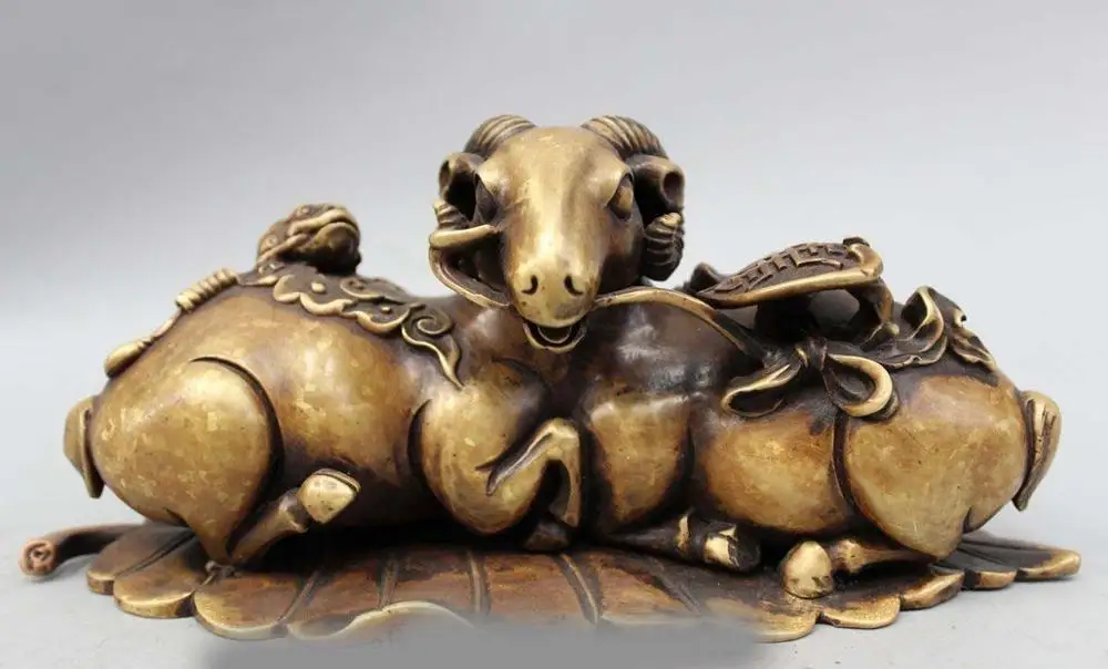 

9" China Chinese Folk Fengshui Pure Bronze Zodiac Year Sheep Ruyi Spittor Statue