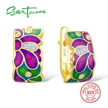 

SANTUZZA Silver Earrings For Women 925 Sterling Silver Stud Flower Earrings with Stones Cubic Zirconia brincos Jewelry enamel