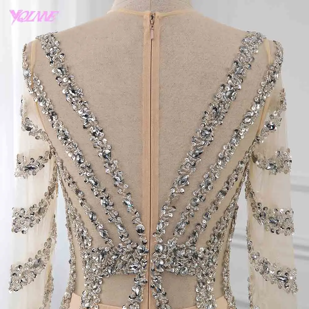Sexy Champagne Crystal Evening Dress Long Sleeve Formal Gown Mermaid Slit Center YQLNNE Sexy Champagne Crystal Evening Dress Long Sleeve Formal Gown Mermaid Slit Center YQLNNE