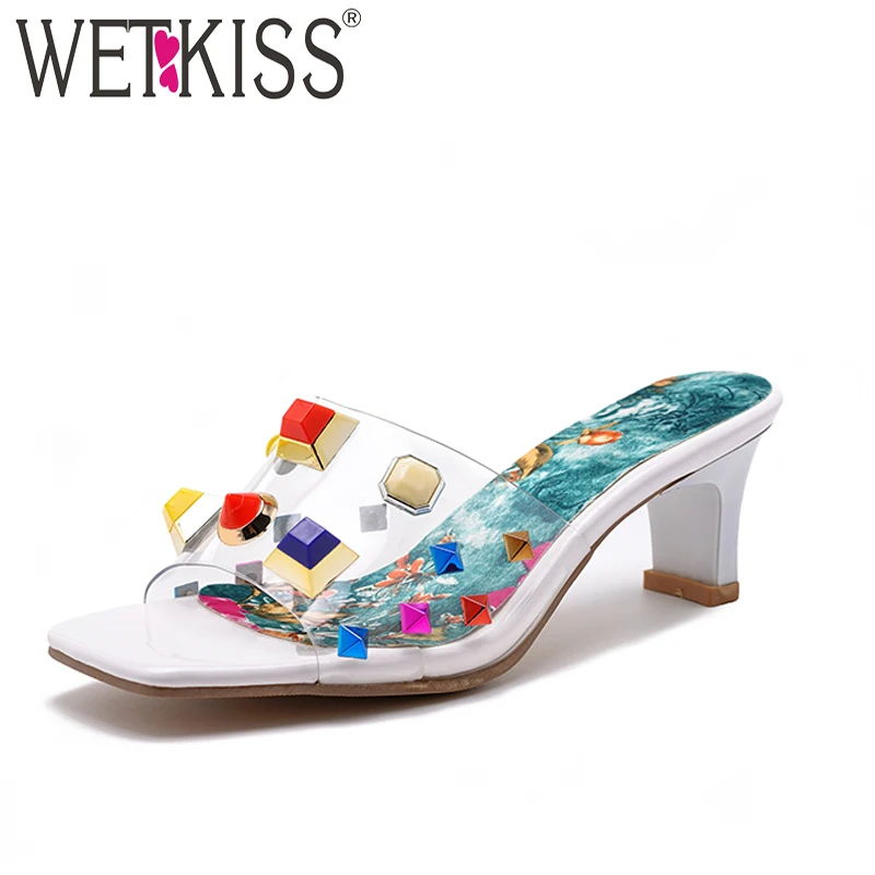 

WETKISS Colorful Rivet Transparent PVC Women Slippers Summer Women Jelly Slides Open Toe High Heel Ladies Mules Studdes Shoes