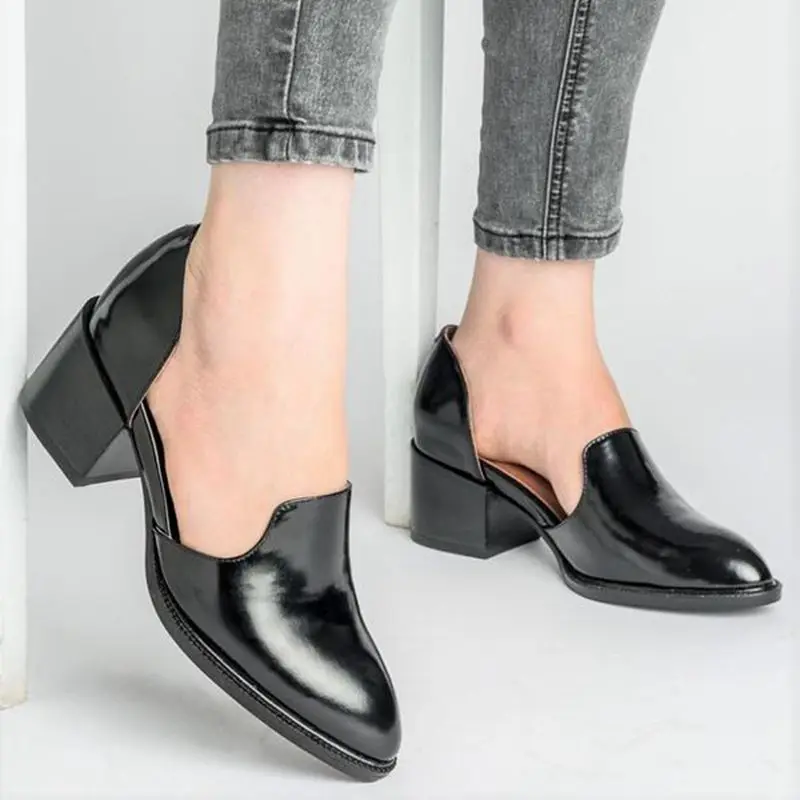 

HEFLASHOR Spring Summer Leather Pumps Women Med Chunky Block Heel Shoes Slip On Pointed Toe Casual Plus Size Lady Female Shoes