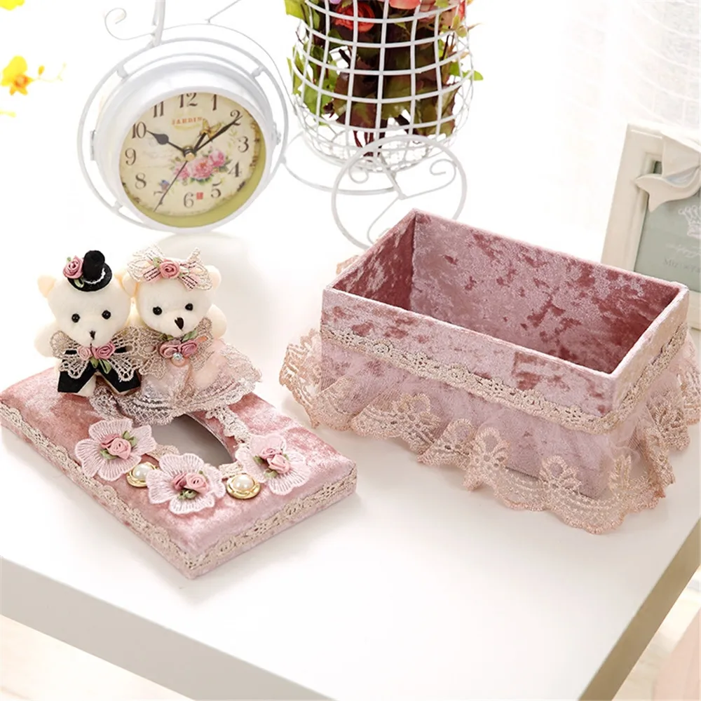 High-end Lace Fabric Tissue Box Holder Couple Bear Wedding Table Decoration Tissue Box Cover Case Napkin Dispenser Storage Box