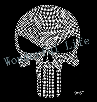 

Free shipping PUNISHER SKULL hotfix rhinestones heat transfer design iron on motif patches RHINESTONE IRON ON TRANSFER BLING