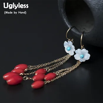 

Uglyless Real 925 Sterling Silver Women Nature Shell Flower Earrings Exotic Bohemian Red Beads Earrings Turquoise Brincos Bijoux
