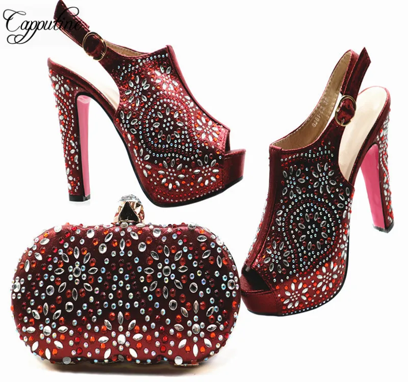 

Hot Sale Elegant Woman Red Color Shoes With Bag Set African Style Woman High Heels Shoes And Bags Set For Wedding TX-861