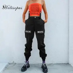 Helisopus эластичные черные женские брюки с высокой талией осенние хип-хоп лоскутные брюки с цепочкой уличная Вышивка буквы повседневные брюки