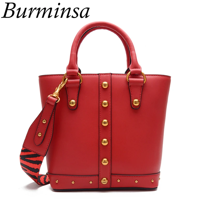 

Burminsa Brand Women Genuine Leather Bags Rivet Bucket Tote Bags Zebra Stripe Designer Handbags Ladies Shoulder Messenger Bags