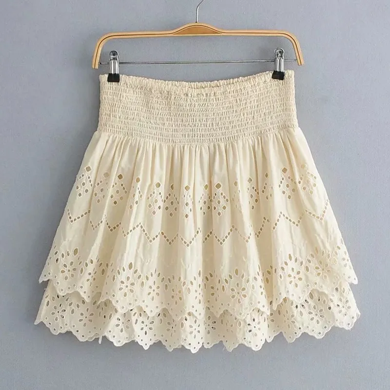 

Hot Sale Vintage Chic Hollow Out Short Skirts Women 2019 Fashion Ladies Elastic Waist Embroidery Ruffles Skirts