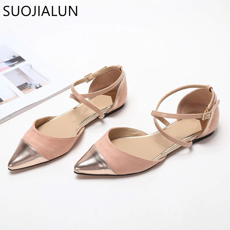 

SUOJIALUN 2018 Autumn Flat Shoes Sexy Cross Strap Low Heel Plus Size Ballet Flats Band Female Casual Pointed Toe Shoes