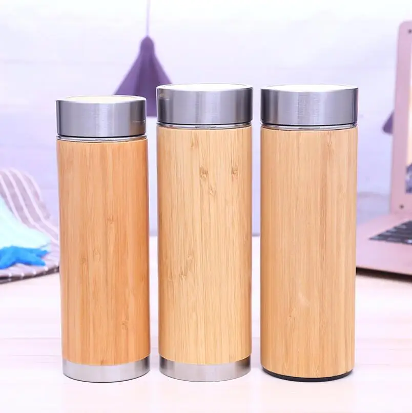 

16oz Bamboo Stainless Steel Water Bottle Vacuum Insulated Coffee Travel Mug With Tea Infuser Strainer LX4455