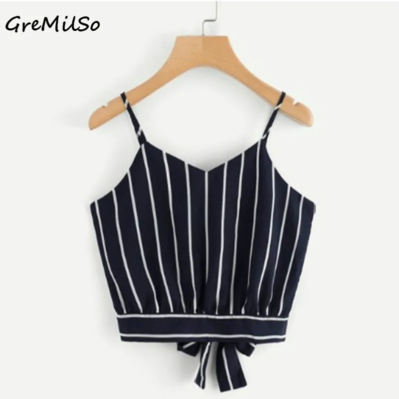 

GreMilSo Summer Sexy Crop Tops Women V Neck Striped Cropped Tops Sleeveless Shirt Woman Bralette Tie Camis Tank Tops Short Vest