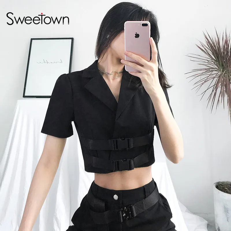 Very best  Sweetown Black Wide-Waisted Jacket Summer 2019 Women Turn-Down Collar Crop Jackets Plastic Buckle S