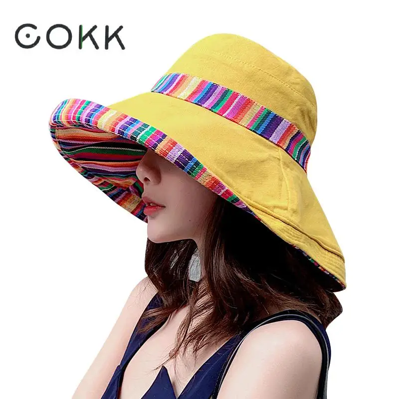 COKK Women Summer Hat Floppy Fisherman Cap Double Sided Sun Hat Female Wide Large Brim Bohemia Sunhat Beach Hat Cap Vacation New