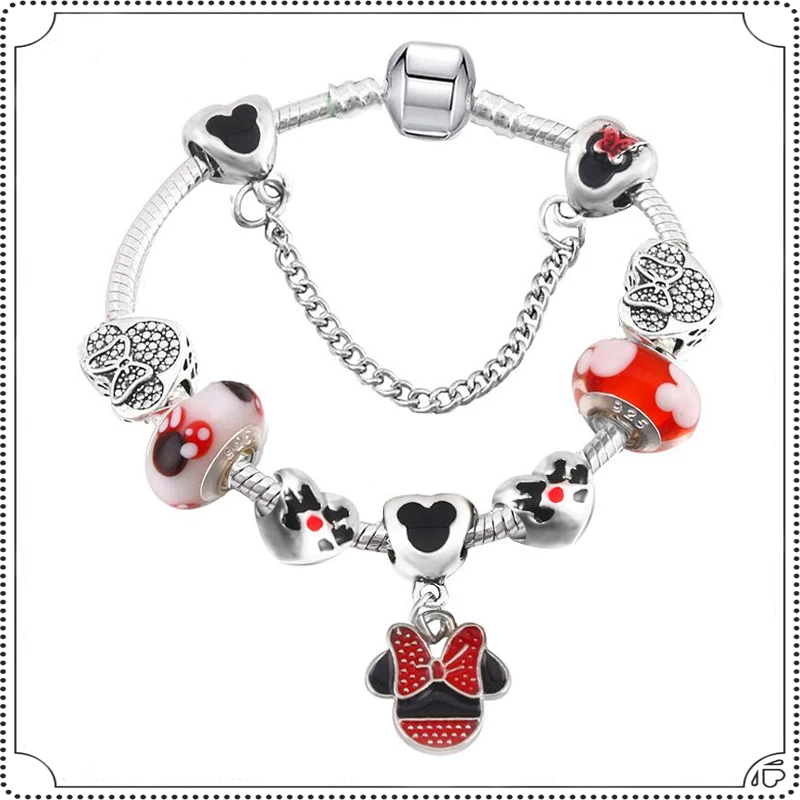 TOGORY посеребренный браслет с Микки и Минни для детей, женский браслет с безопасной цепочкой, фирменный браслет, Аутентичные ювелирные изделия