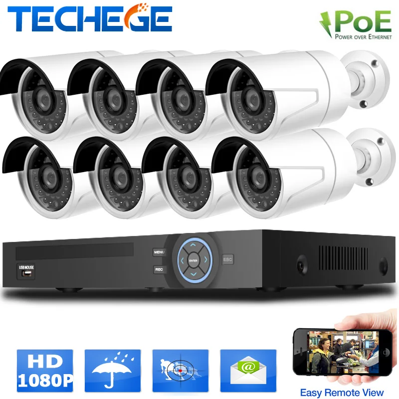  8CH 1080P POE outdoor cctv kit 8 channel NVR 1080P 8pcs 2.0MP POEIP camera Home cctv system P2P mobile view home security kit 