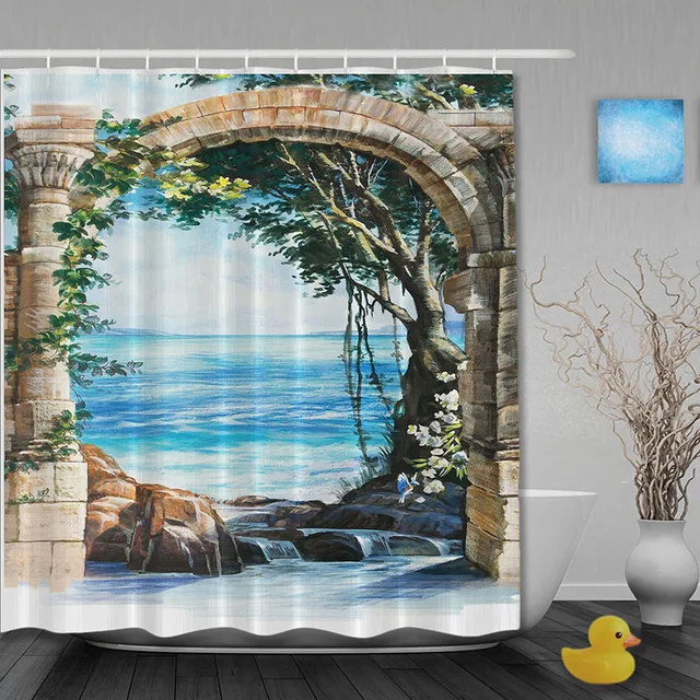 Meer Szene Bad Dusche Vorhänge Stein Bögen Duschvorhang Waterproo