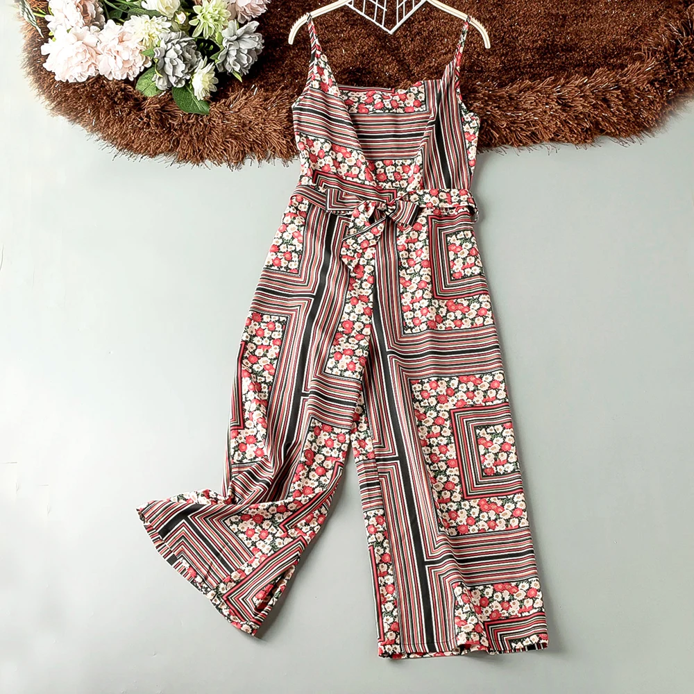 

Wide Leg Print Ethnic Strapless Jumpsuit Fashion Summer Flower Striped Ankle Length Jumpsuits For Woman Stylish Jumpsuit Women