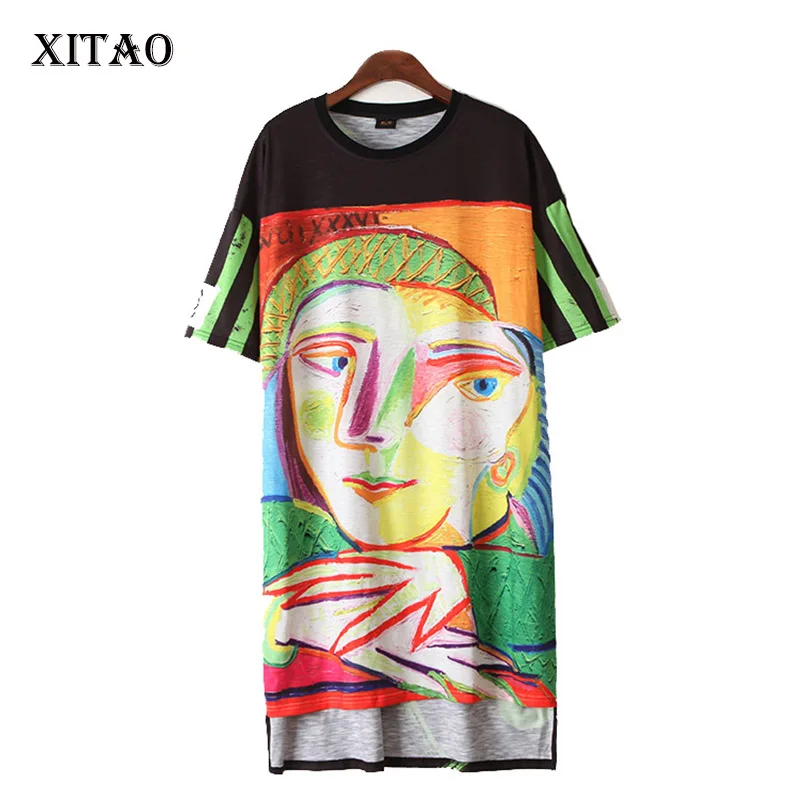

[XITAO] 2017 new summer fashion Europe street women short sleeve abstract pattern print o-neck pullover knee-length dress KLN004