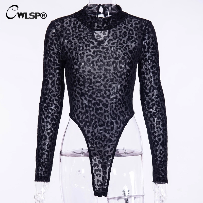 CWLSP 2018 Autumn Sexy Leopard Mesh Women Bodysuits See Through Overalls For Women Skinny Female Body Clothes QZ3157