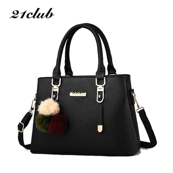 

21club brand medium large capacity ladies totes hairball strap litchi casual satchels 2018 women shoulder crossbody bag handbags
