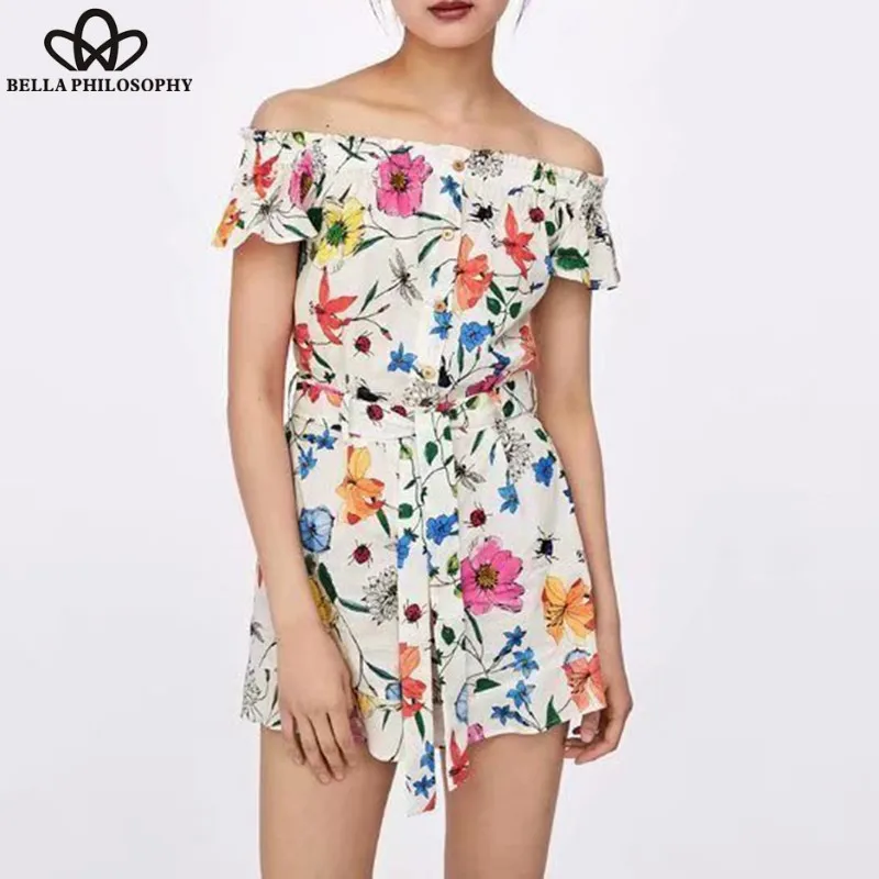 Summer Sexy Beach Playsuits Vintage Print Floral Female Off Shoulder Jumpsuits Holiday Casual Sweet Boho Rompers 2019 NEW Spring