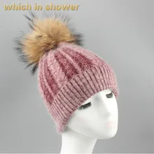 Утолщенные теплые Для женщин шерсть Кепки натуральный мех енота помпон Skullies шапочка натуральный меховой помпон зимняя шапка женский мех трикотажные капот