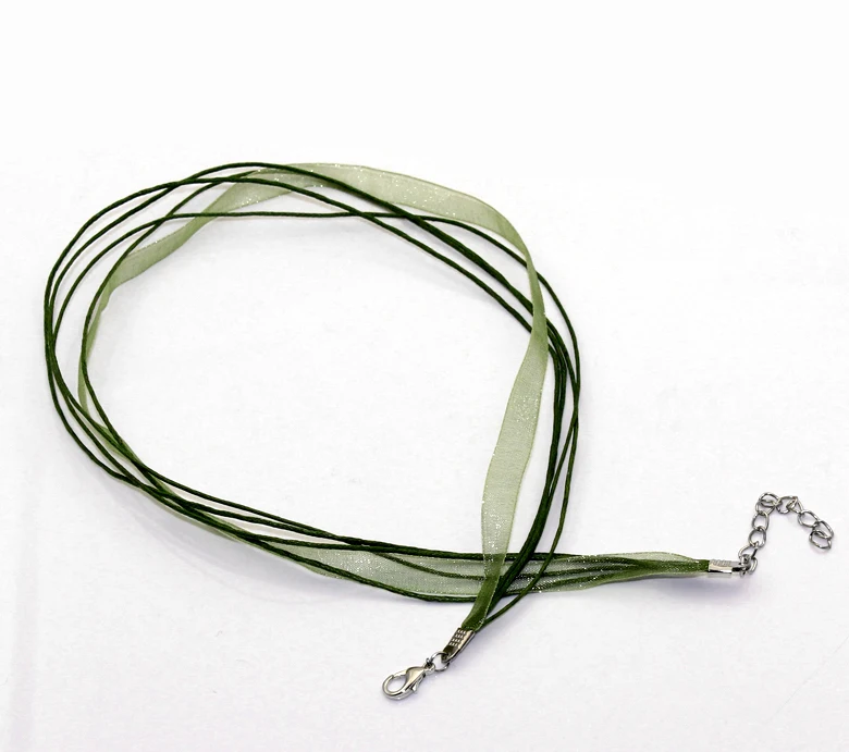 

Zinc Metal Alloy+Alloy+Organza Cord String Necklace Dark green 43.2cm(17") long, 2 PCs