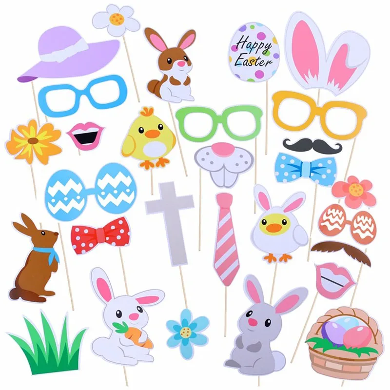 29PCS Photo Booth Props Happy Easter Mask DIY Fun Egg Bunny Rabbit Ears