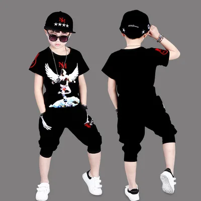 Комплект одежды для уличных танцев для мальчиков, Детская футболка с короткими рукавами в стиле хип-хоп+ штаны-шаровары, костюм-двойка детский спортивный костюм, X396 - Цвет: 3