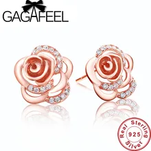 Marca nueva joyería fina pura plata esterlina 925 pendiente elegant rose rosa pendientes de oro del perno prisionero para las mujeres we002