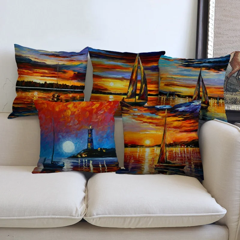 Classic Sunset Oil Painting Cushions Home Decor Sunrise Sailing