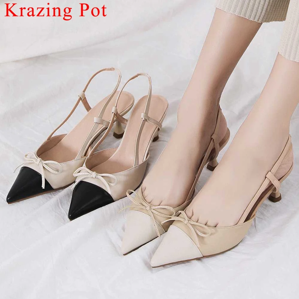 

Large size genuine leather slip on mixed colors genuine leather bowtie pointed toe dress runway women sandals elegant shoes L96