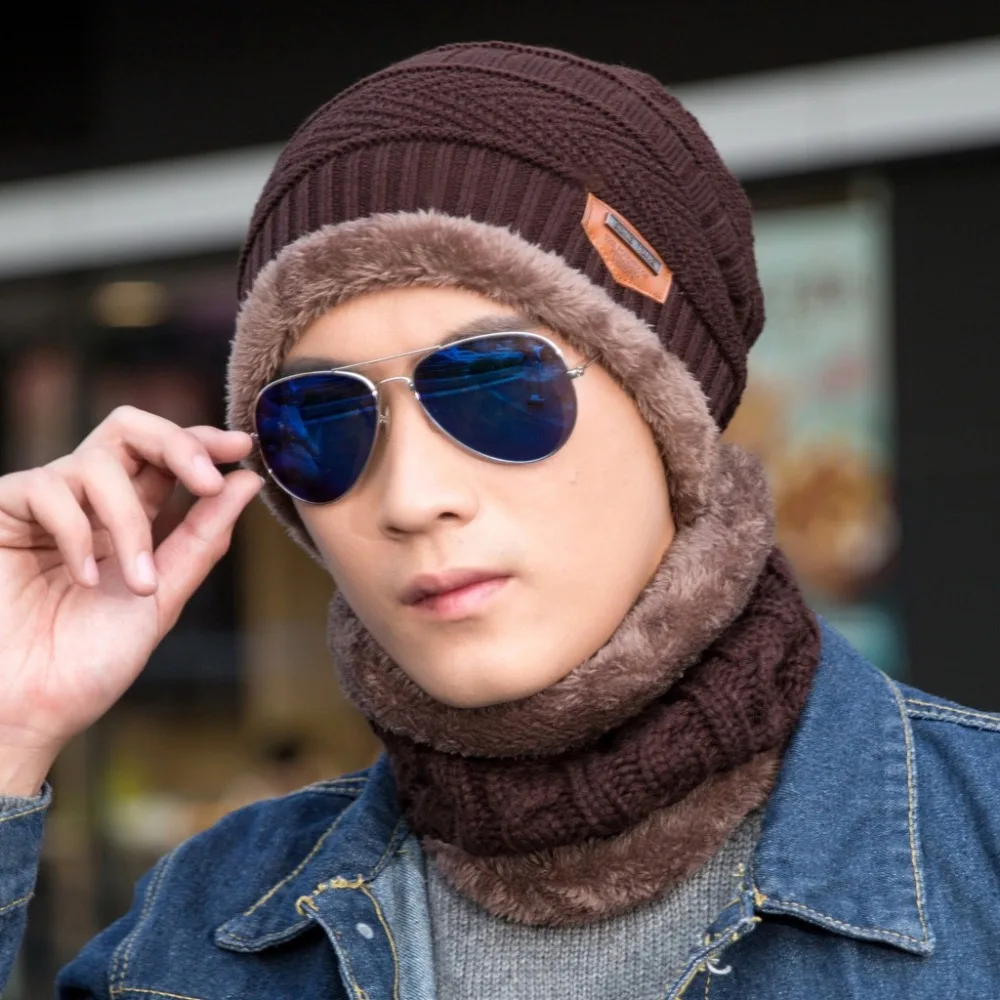 New Fashion Hats Men Winter Wool Ski Hat scarf Set Head hooded Cap Earmuffs Head Caps Male