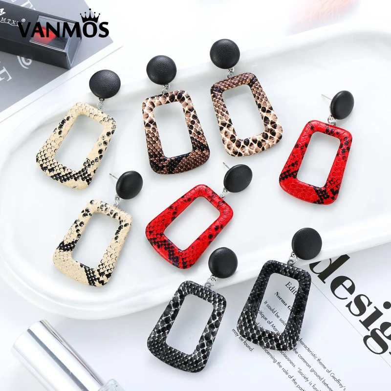 

Vanmos Fashion Snake Skin Pattern Leather Drop Earrings Bohemian Large Geometric Statement Earrings Jewelry Gift for Women