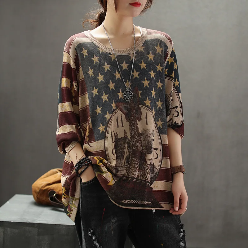 

Spring Autumn T-shirt Retro Loose Women Knitting Pullovers New Tops O-Neck Half Sleeve Print Pattern Casual T-shirt 2019 Tops