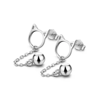 

Cat series S925 sterling silver earrings cat bell pendant design solid silver earrings girl charm jewelry not allergic bijoux