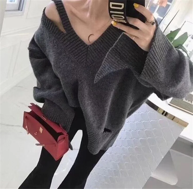 Корейский 2018 Vogue осень-зима hollw Для женщин модный свитер Повседневное с v-образным