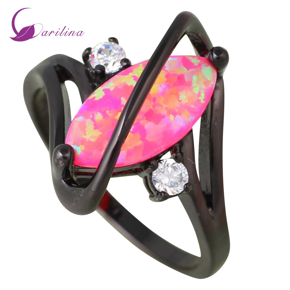 

New Fashion Big Pink Opal Ring Crystal CZ Black gun Vintage Party Rings For Women Gift Femme Jewelry R558