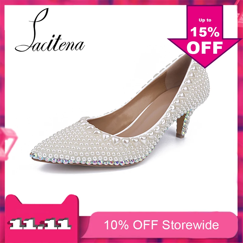 

White Heart Pearl Shoes Women Mid-Heel Wedding Shoes Bridal Kitten Heel Shoes
